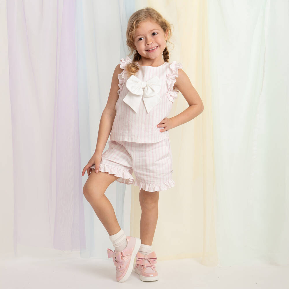 Caramelo Kids-Girls Pale Pink & White Cotton Candy Stripe Shorts Set | Childrensalon
