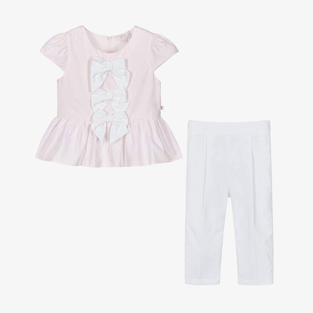 Caramelo Kids-Girls Pale Pink & White Cotton Trouser Set with Bow Hair Clip | Childrensalon