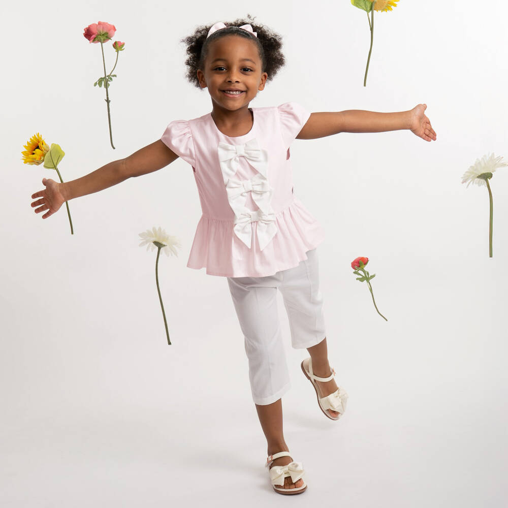 Caramelo Kids-Girls Pale Pink & White Cotton Trouser Set with Bow Hair Clip | Childrensalon