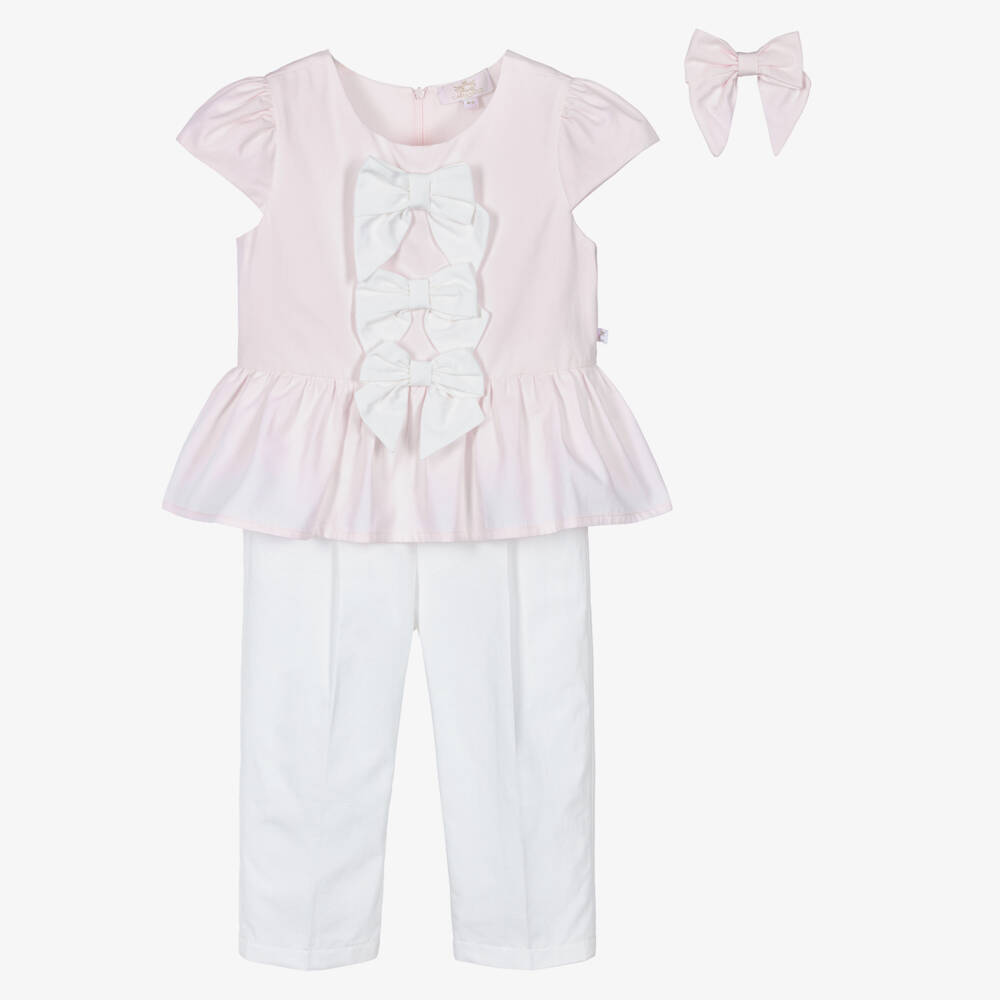 Caramelo Kids-Girls Pale Pink & White Cotton Trouser Set with Bow Hair Clip | Childrensalon