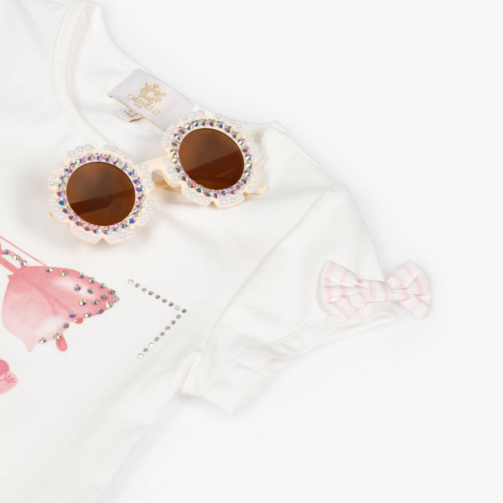 Caramelo Kids-Girls Pale Pink & White Striped Shorts Set with Sunglasses | Childrensalon