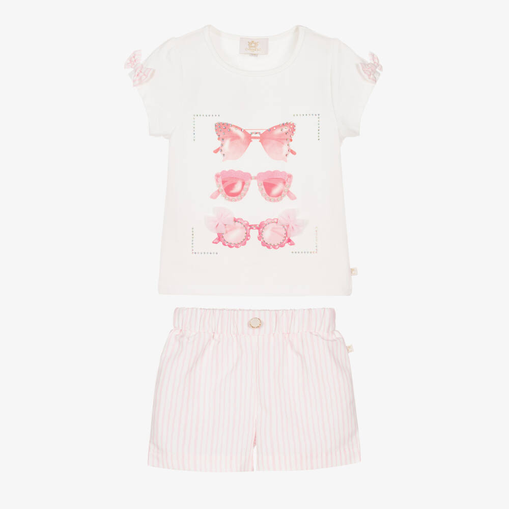 Caramelo Kids-Girls Pale Pink & White Striped Shorts Set with Sunglasses | Childrensalon