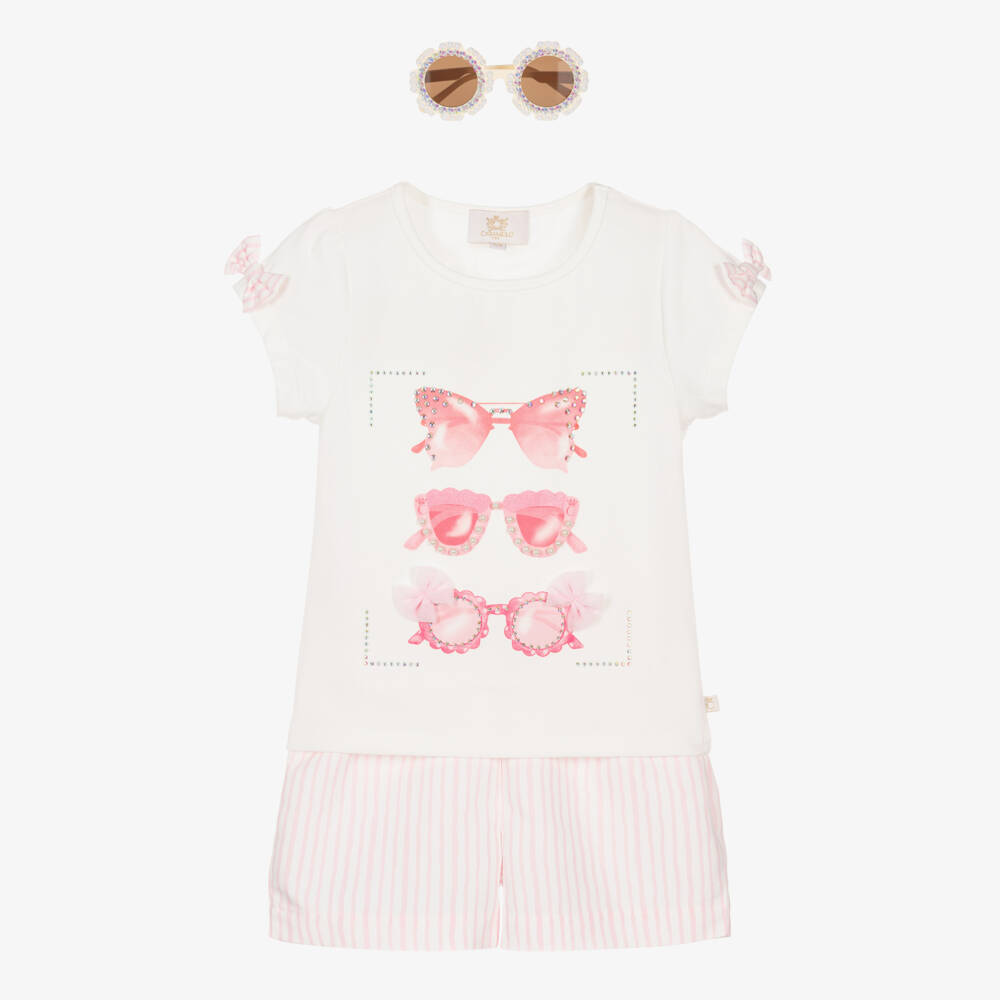 Caramelo Kids-Girls Pale Pink & White Striped Shorts Set with Sunglasses | Childrensalon