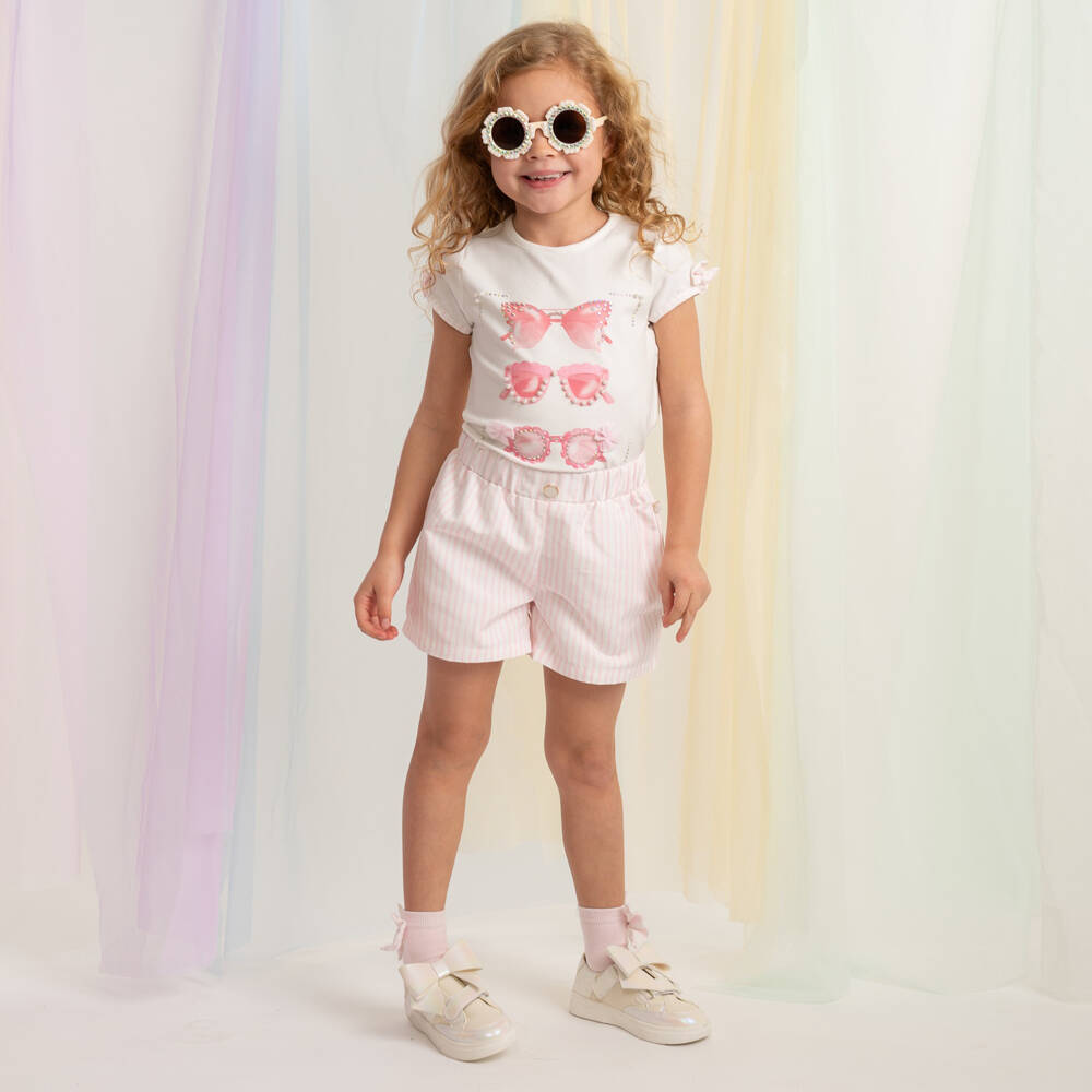 Caramelo Kids-Girls Pale Pink & White Striped Shorts Set with Sunglasses | Childrensalon