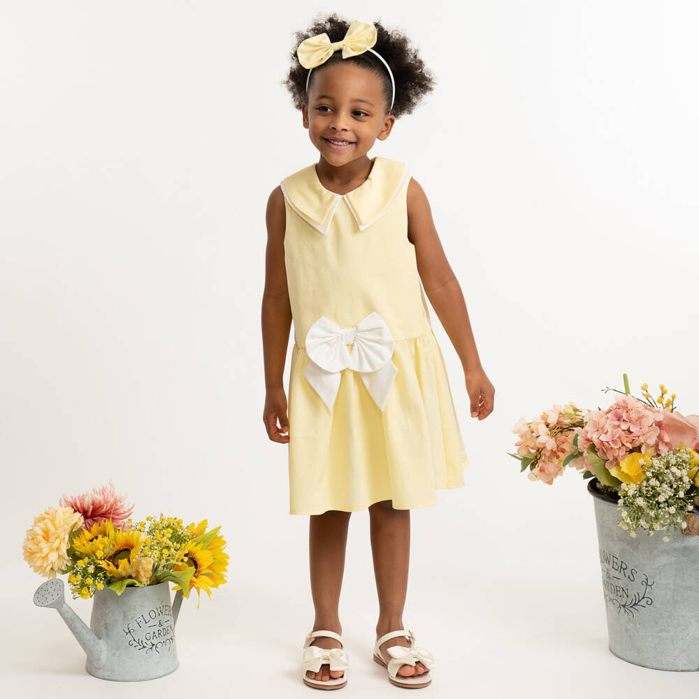 Caramelo Kids-Girls Pale Yellow Cotton Dress & Hairband Set | Childrensalon