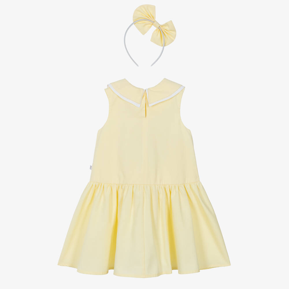 Caramelo Kids-Girls Pale Yellow Cotton Dress & Hairband Set | Childrensalon