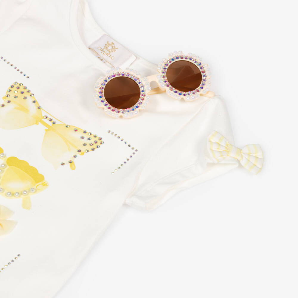 Caramelo Kids-Girls Pale Yellow & White Striped Shorts Set with Sunglasses | Childrensalon
