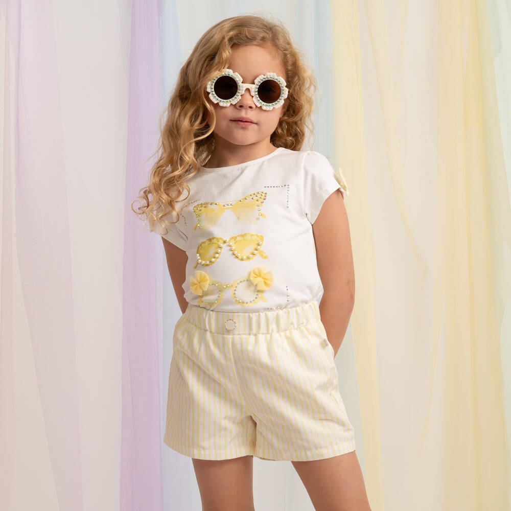 Caramelo Kids-Girls Pale Yellow & White Striped Shorts Set with Sunglasses | Childrensalon
