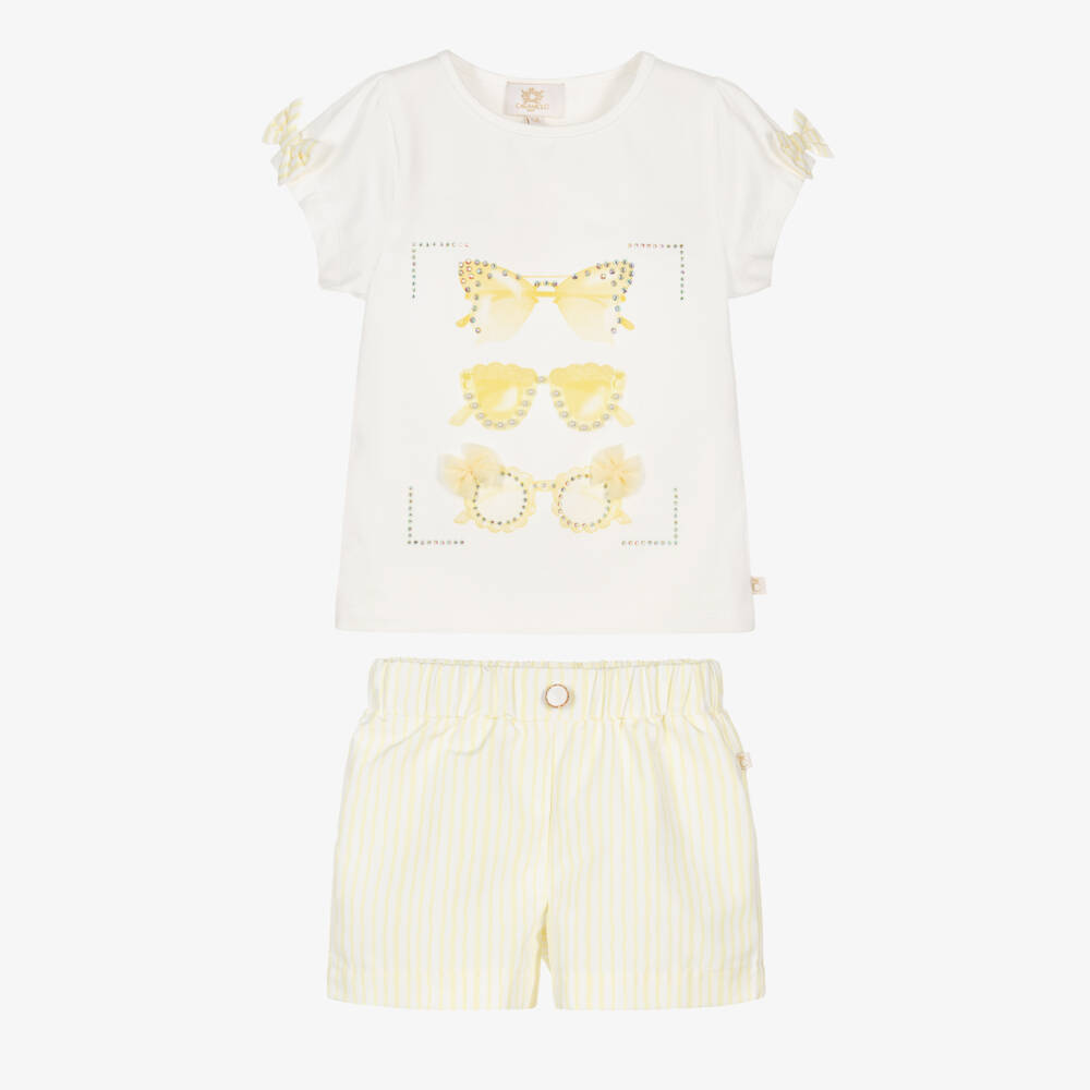 Caramelo Kids-Girls Pale Yellow & White Striped Shorts Set with Sunglasses | Childrensalon