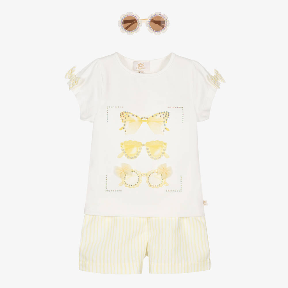 Caramelo Kids-Girls Pale Yellow & White Striped Shorts Set with Sunglasses | Childrensalon