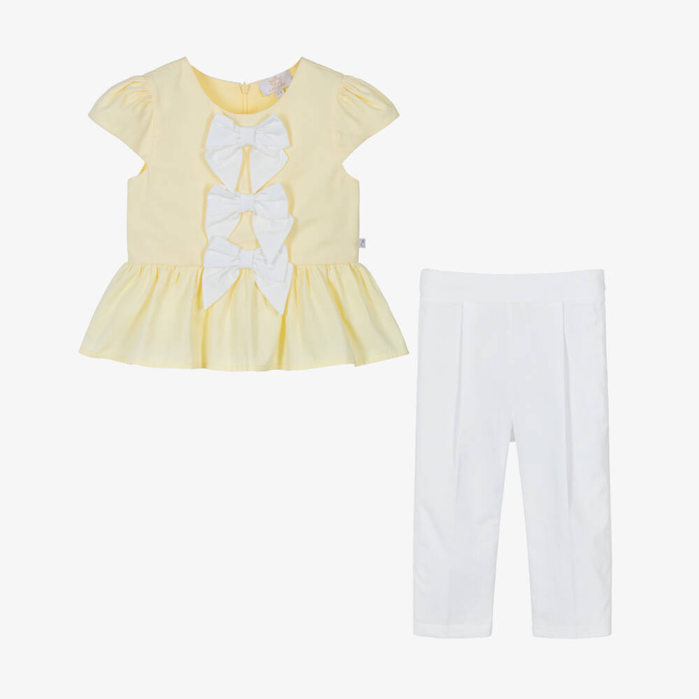 Caramelo Kids-Girls Pale Yellow & White Trouser Set with Bow Hair Clip | Childrensalon
