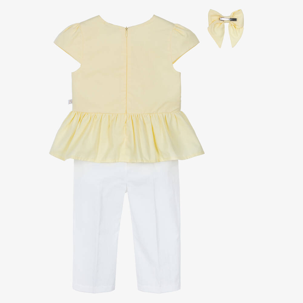 Caramelo Kids-Girls Pale Yellow & White Trouser Set with Bow Hair Clip | Childrensalon
