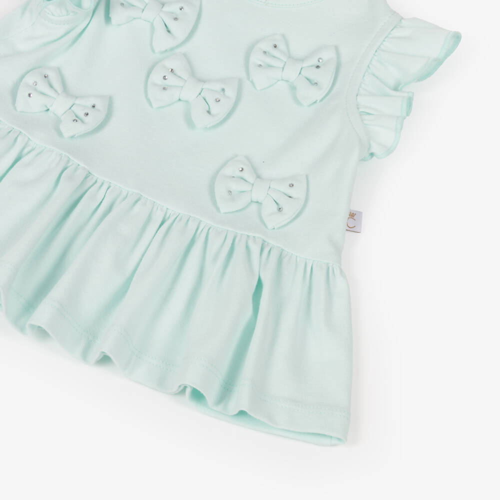 Caramelo Kids-Girls Pastel Green Cotton Leggings Set with Diamanté Bows | Childrensalon