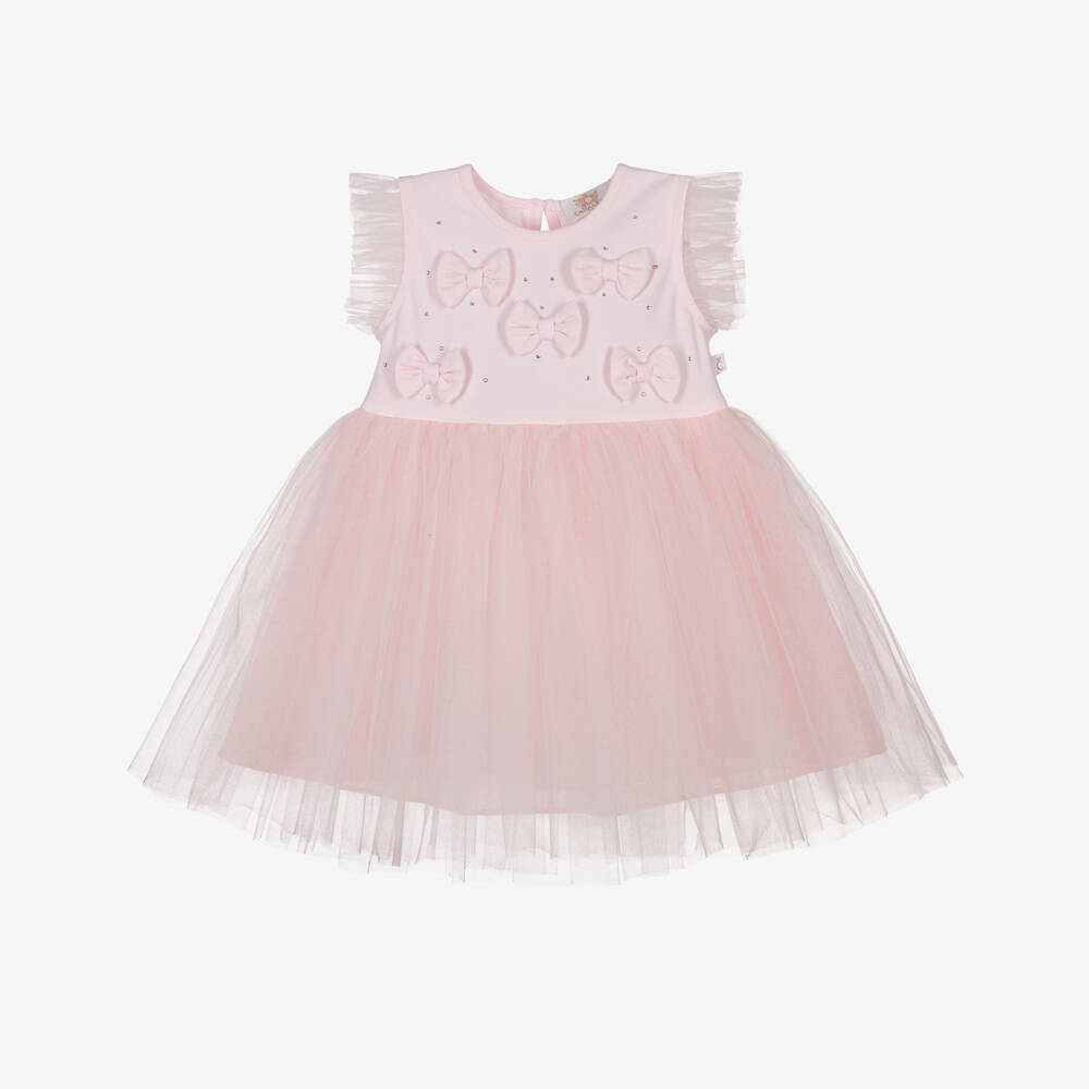 Caramelo Kids-Girls Pastel Pink Bow Dress with Tulle Skirt | Childrensalon