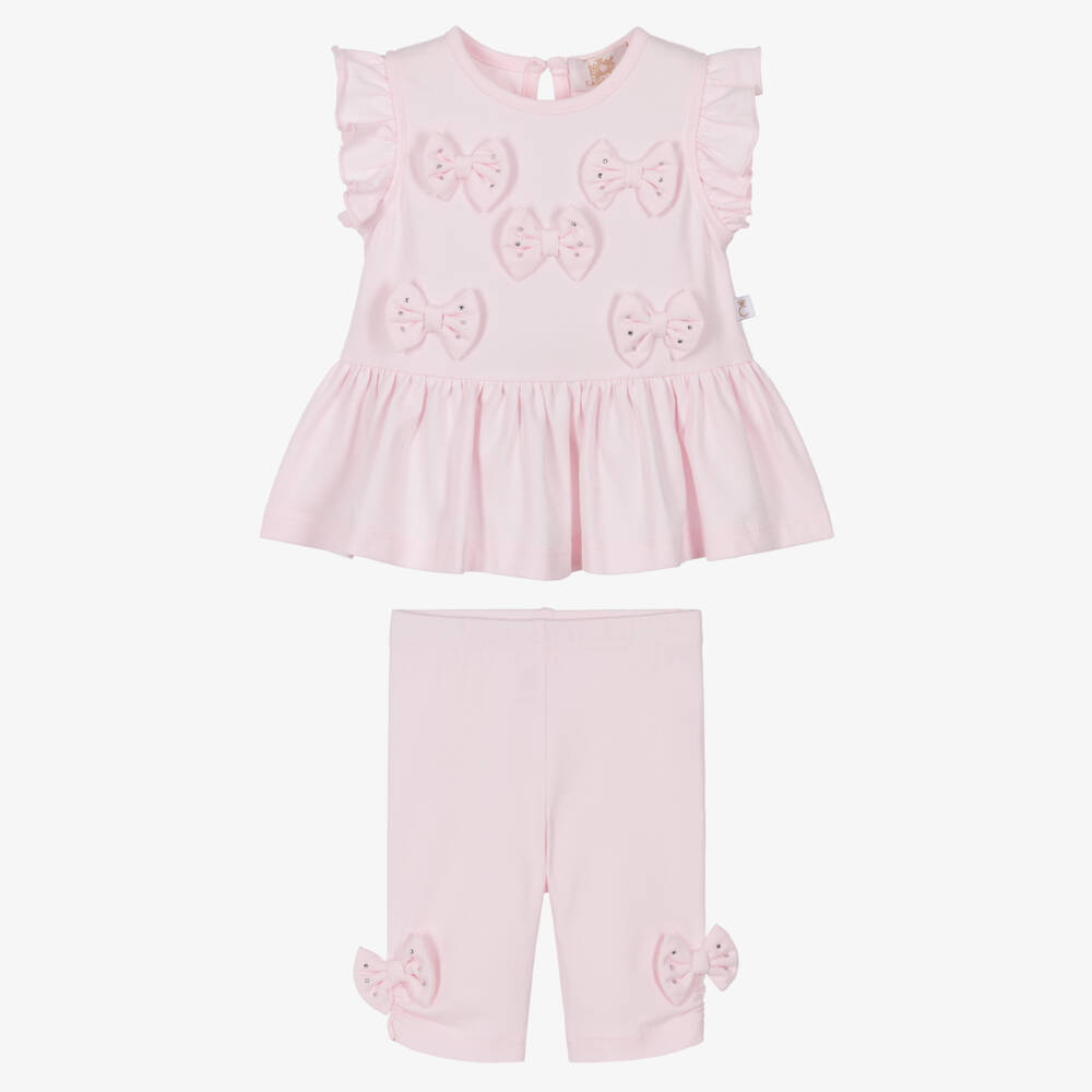 Caramelo Kids-Girls Pastel Pink Cotton Leggings Set with Diamanté Bows | Childrensalon