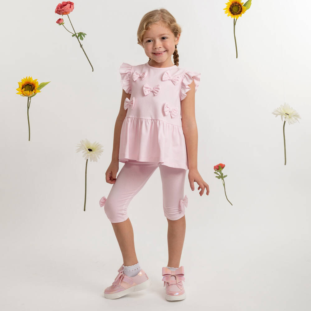Caramelo Kids-Girls Pastel Pink Cotton Leggings Set with Diamanté Bows | Childrensalon