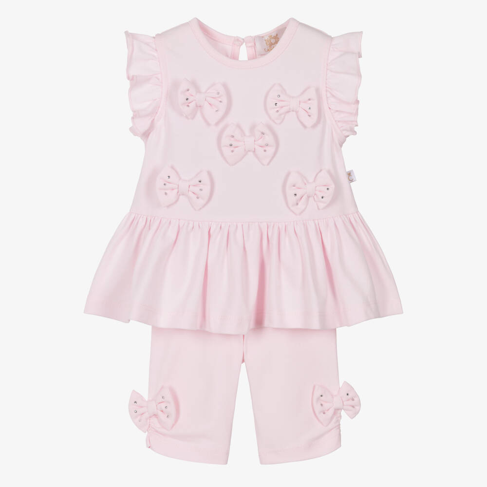 Caramelo Kids-Girls Pastel Pink Cotton Leggings Set with Diamanté Bows | Childrensalon