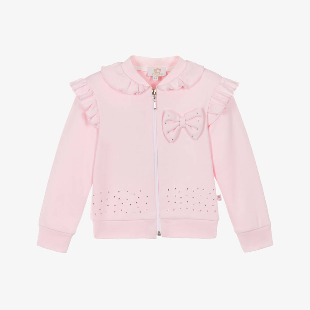 Caramelo Kids-Girls Pastel Pink Cotton Zip-Up Top with Bow  | Childrensalon