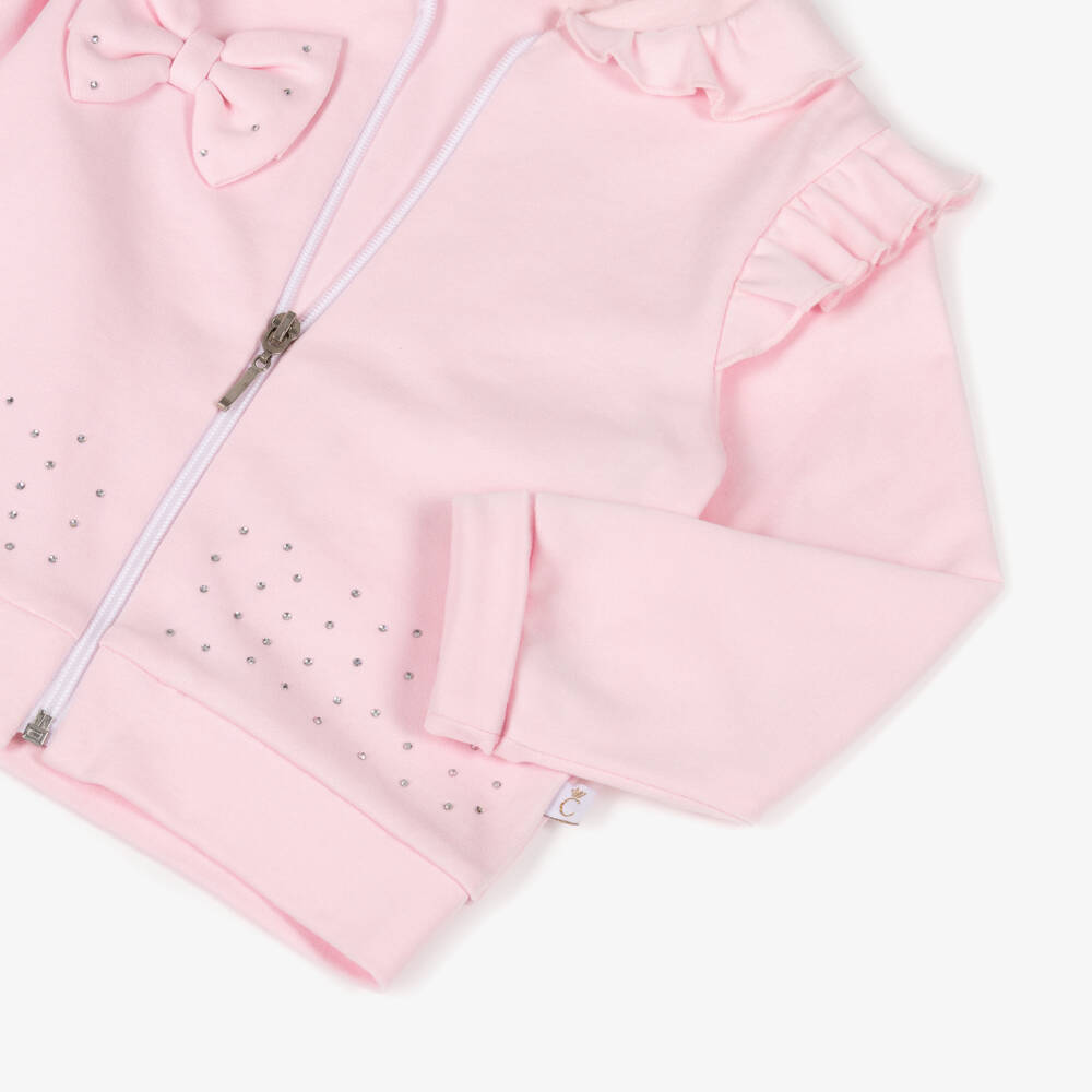 Caramelo Kids-Girls Pastel Pink Cotton Zip-Up Top with Bow | Childrensalon