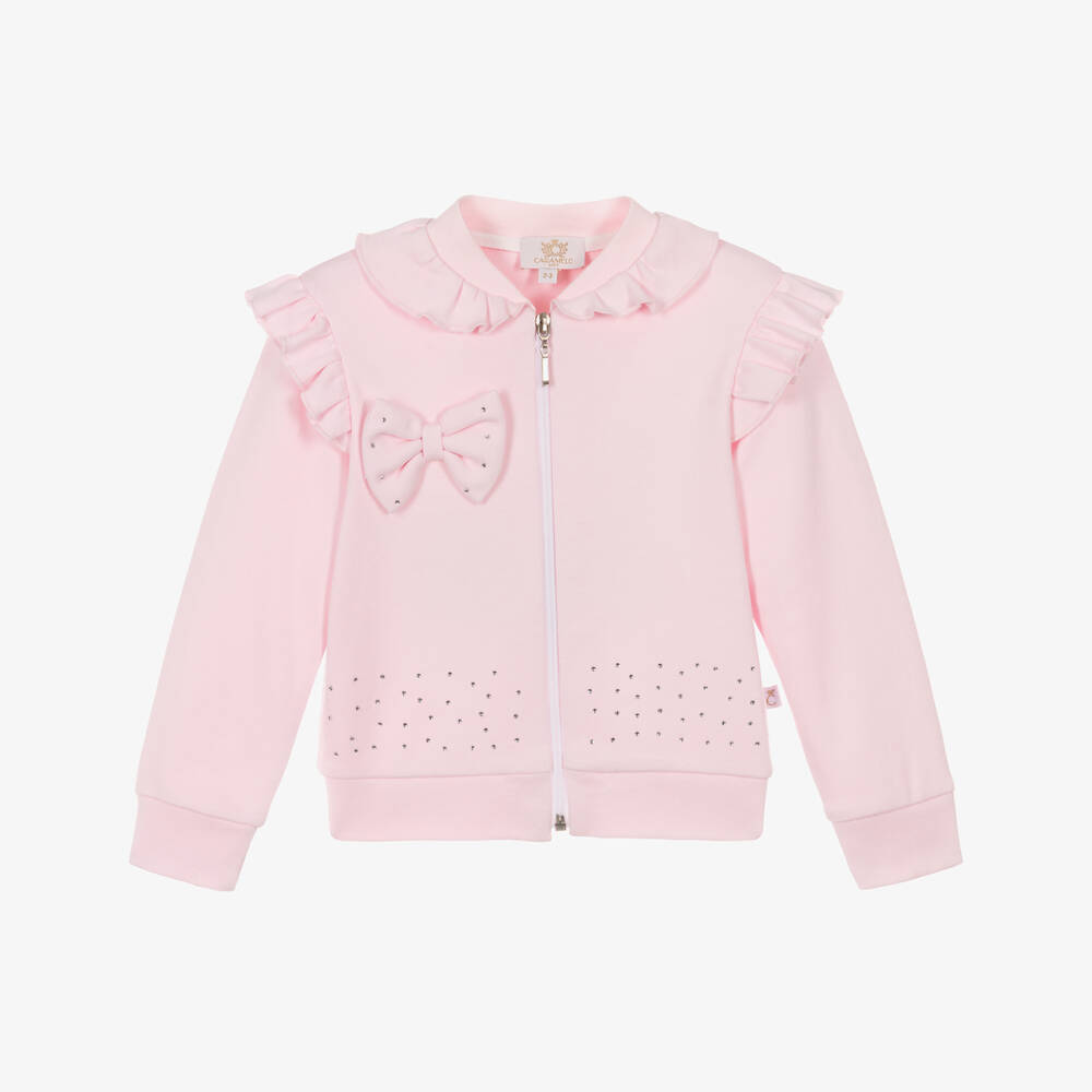 Caramelo Kids-Girls Pastel Pink Cotton Zip-Up Top with Bow | Childrensalon