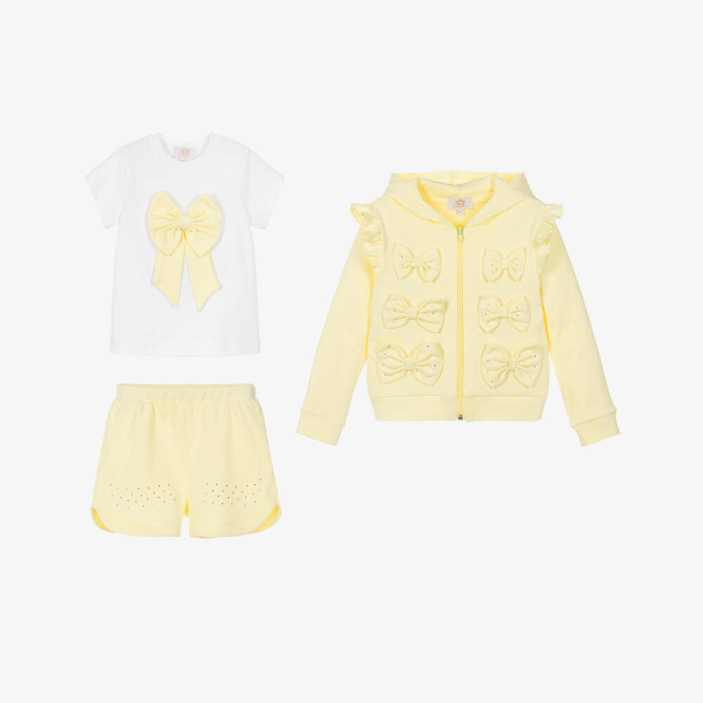 Caramelo Kids-Girls Pastel Yellow Cotton Shorts Set with Bows | Childrensalon