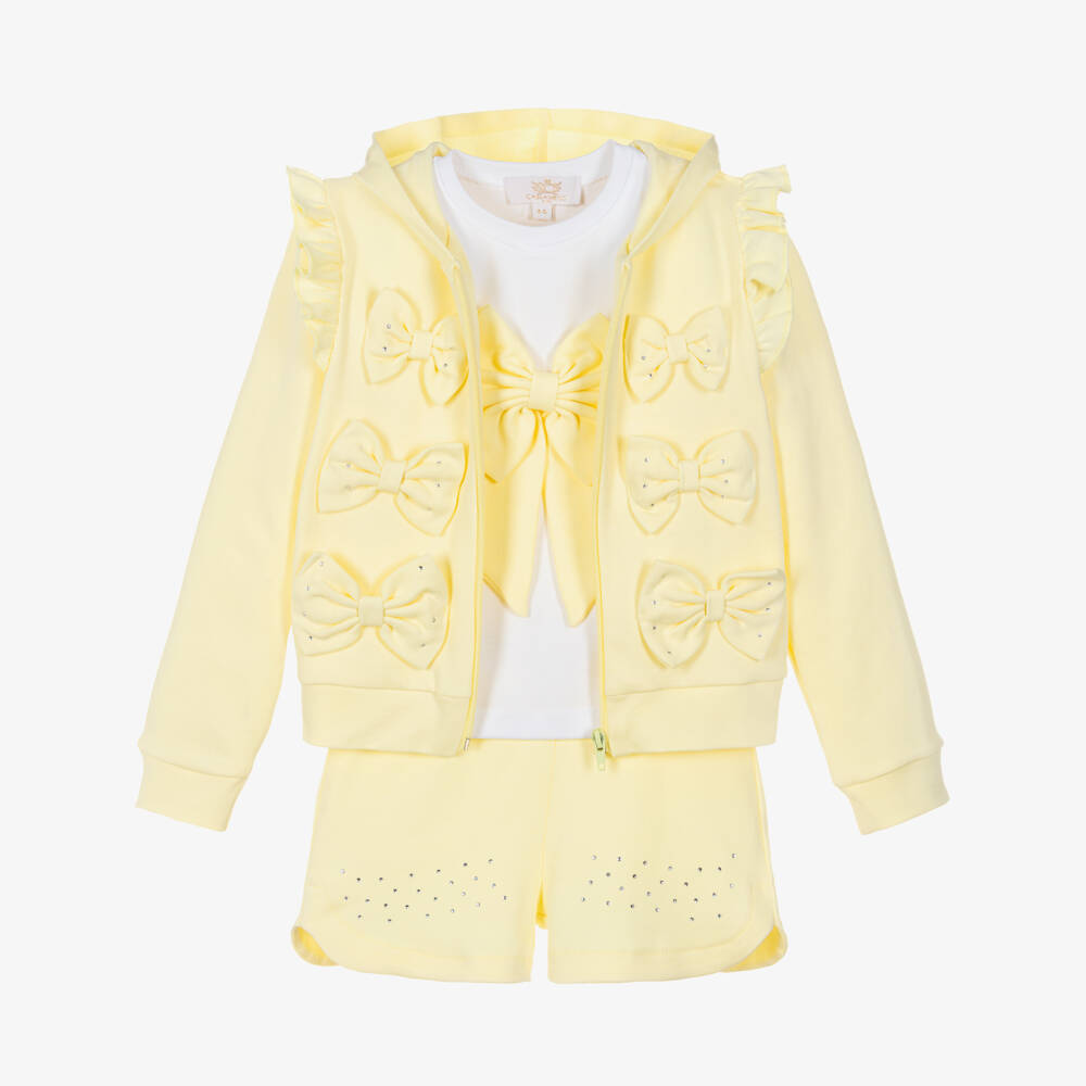 Caramelo Kids-Girls Pastel Yellow Cotton Shorts Set with Bows | Childrensalon