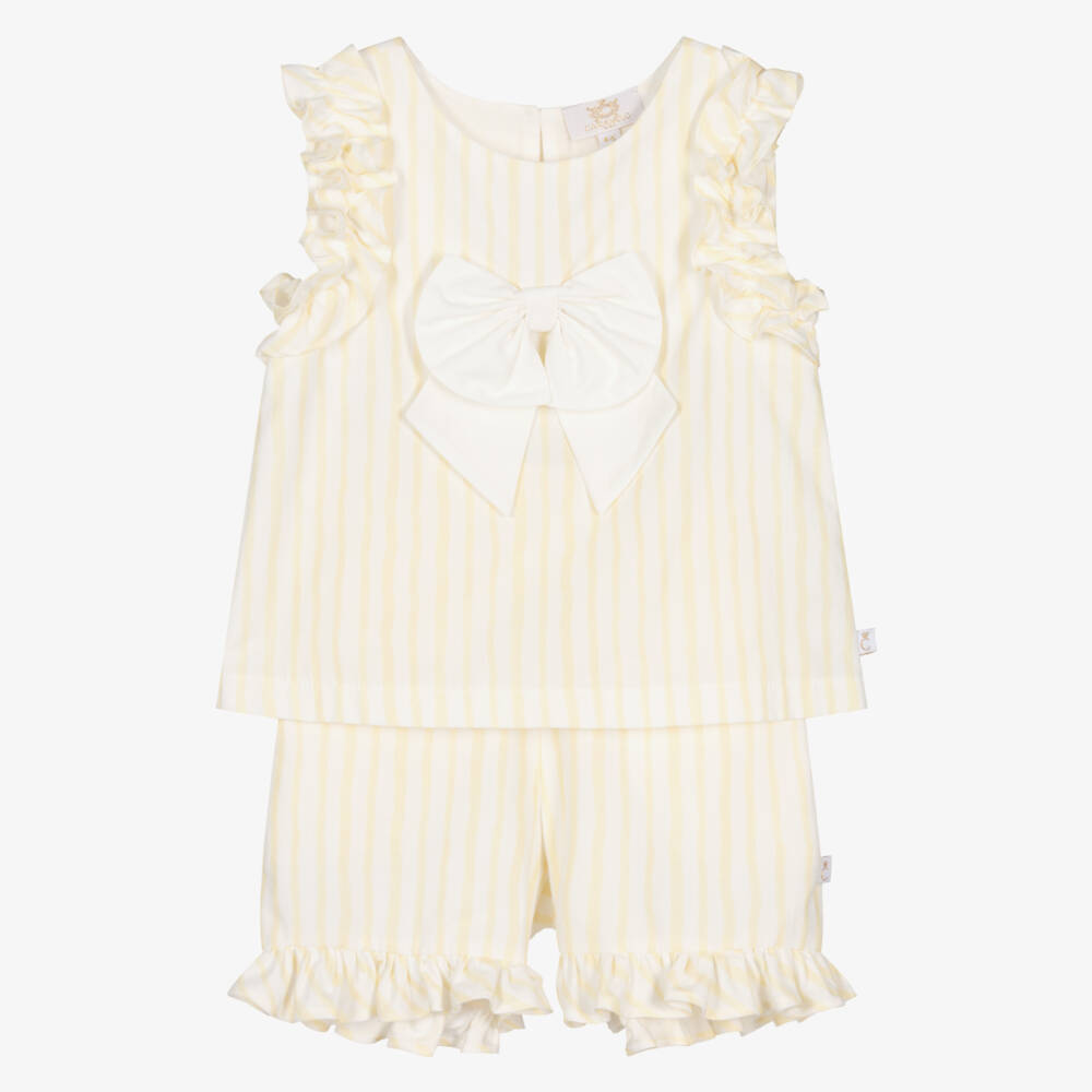 Caramelo Kids-Girls Pastel Yellow & White Striped Shorts Set | Childrensalon