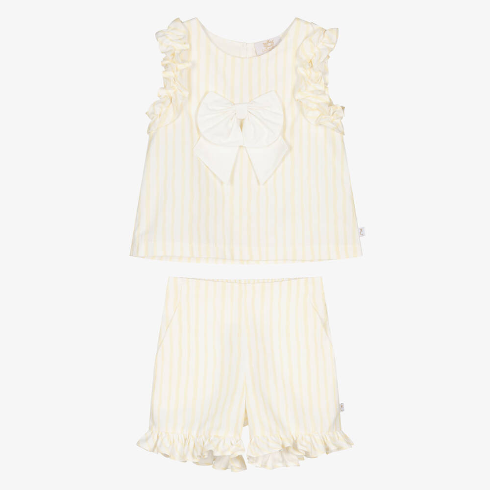 Caramelo Kids-Girls Pastel Yellow & White Striped Shorts Set | Childrensalon