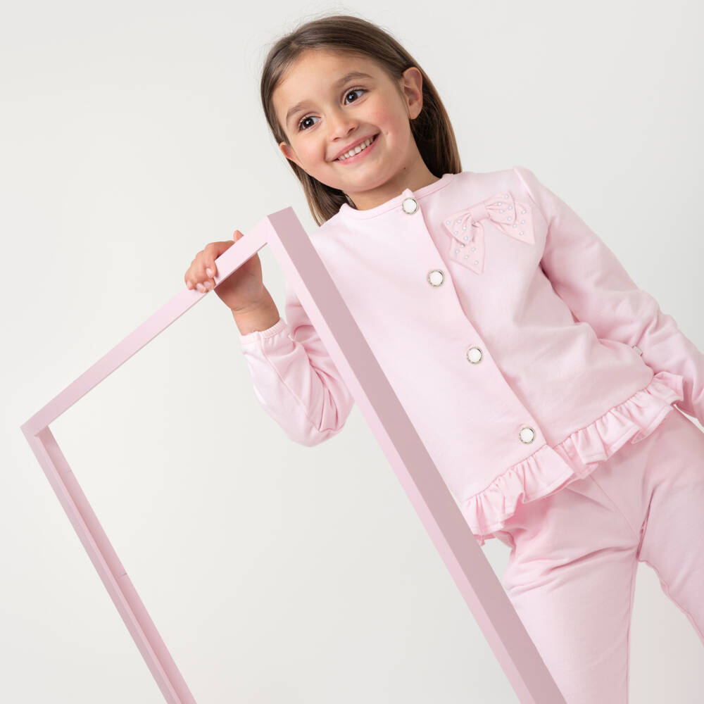 Caramelo Kids-Girls Pink Cotton Bow Tracksuit | Childrensalon