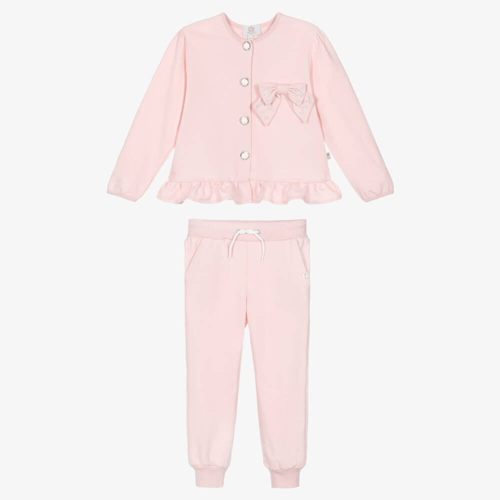 Caramelo Kids-Girls Pink Cotton Bow Tracksuit | Childrensalon