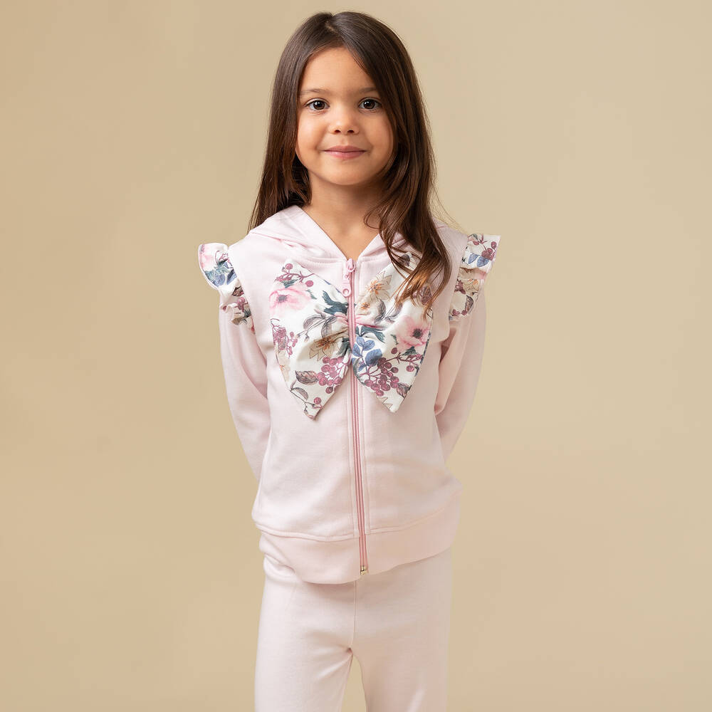 Caramelo Kids-Girls Pink Cotton Floral Bow Tracksuit | Childrensalon