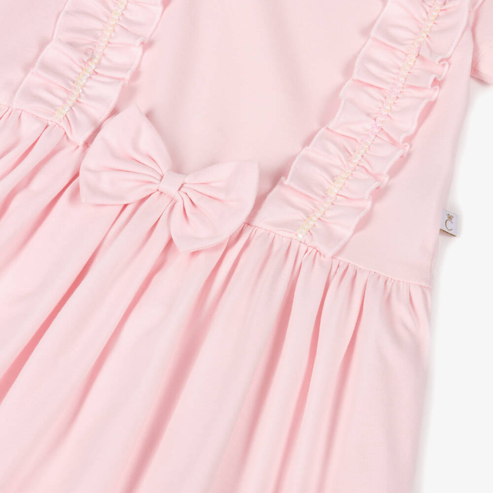 Caramelo Kids-Girls Pink Cotton Jersey Dress with Sequin Ruffle Trim | Childrensalon