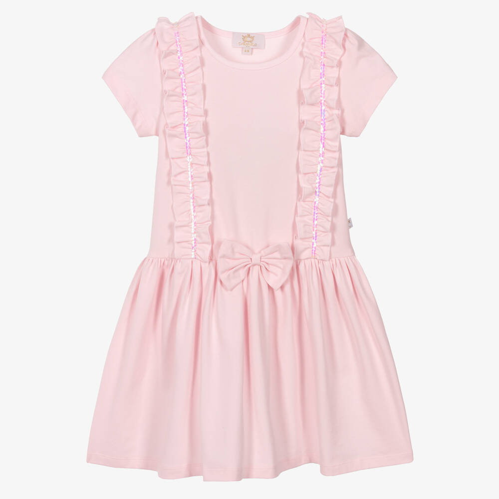 Caramelo Kids-Girls Pink Cotton Jersey Dress with Sequin Ruffle Trim | Childrensalon