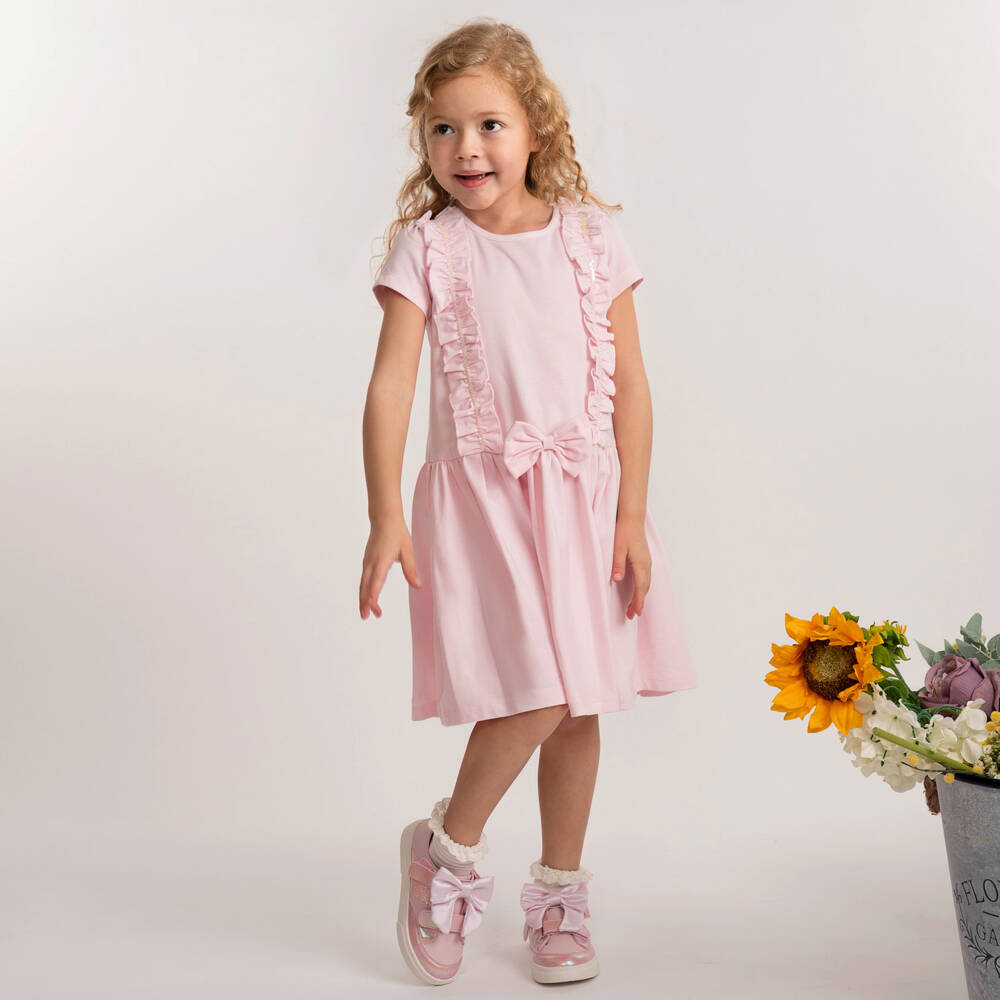 Caramelo Kids-Girls Pink Cotton Jersey Dress with Sequin Ruffle Trim | Childrensalon