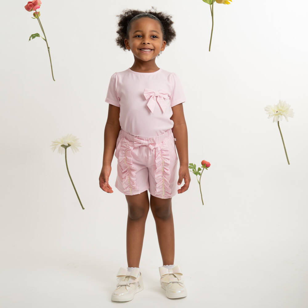 Caramelo Kids-Girls Pink Cotton Jersey Shorts Set with Sequinned Ruffles | Childrensalon
