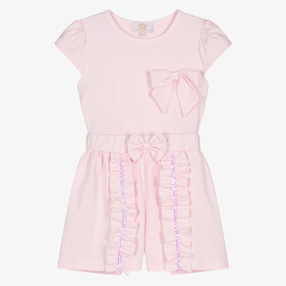 Caramelo Kids-Girls Pink Cotton Jersey Shorts Set with Sequinned Ruffles | Childrensalon