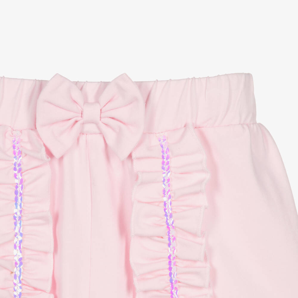 Caramelo Kids-Girls Pink Cotton Jersey Shorts Set with Sequinned Ruffles | Childrensalon