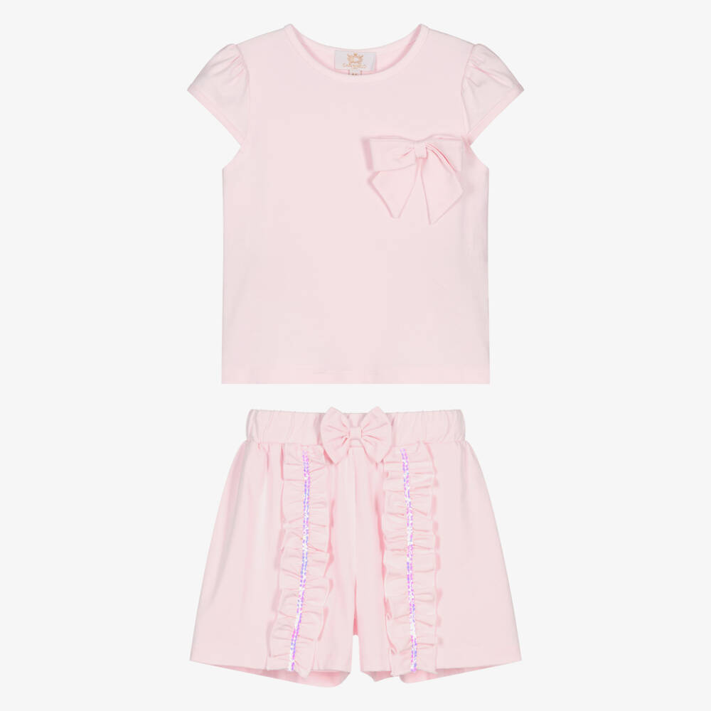 Caramelo Kids-Girls Pink Cotton Jersey Shorts Set with Sequinned Ruffles | Childrensalon