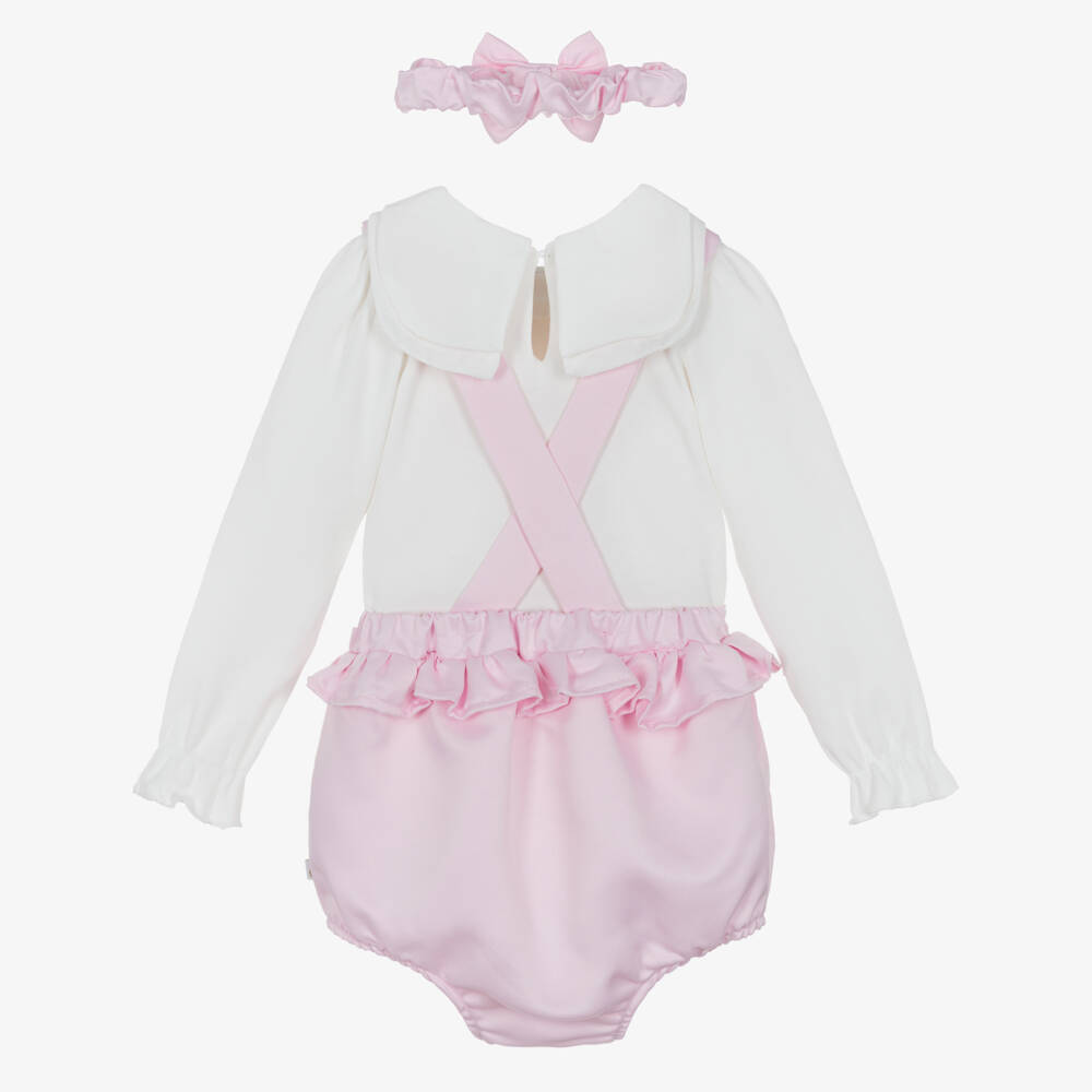Caramelo Kids-Girls Pink Dungaree Babysuit Set with Bow Headband | Childrensalon