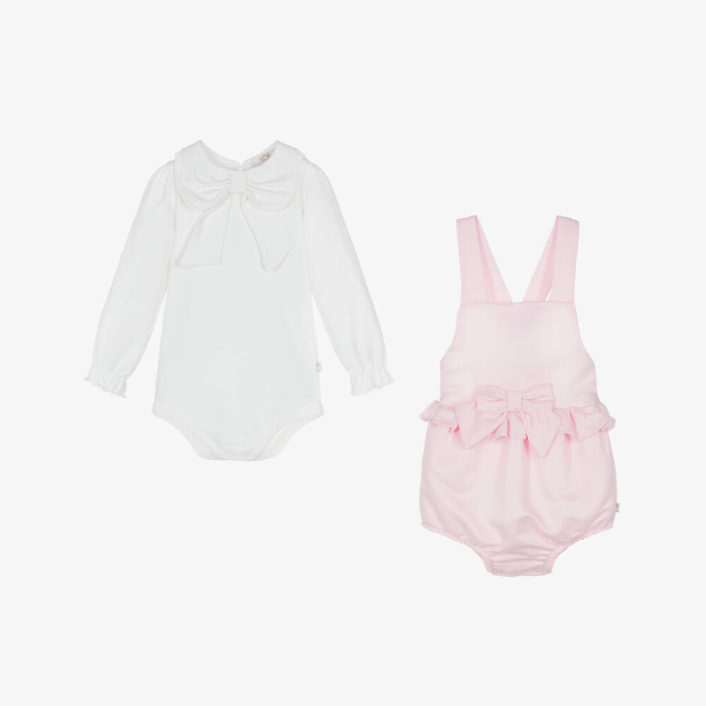 Caramelo Kids-Girls Pink Dungaree Babysuit Set with Bow Headband | Childrensalon