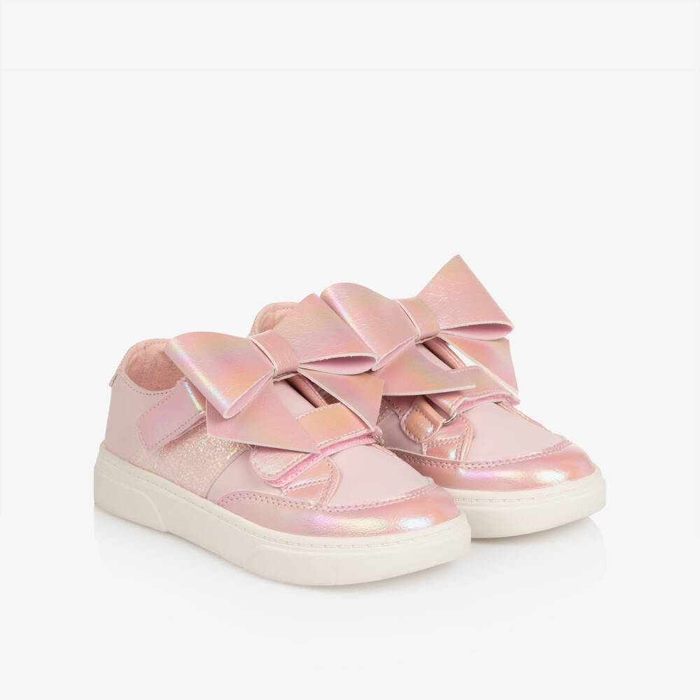 Caramelo Kids-Girls Pink Faux Leather Bow Trainers | Childrensalon