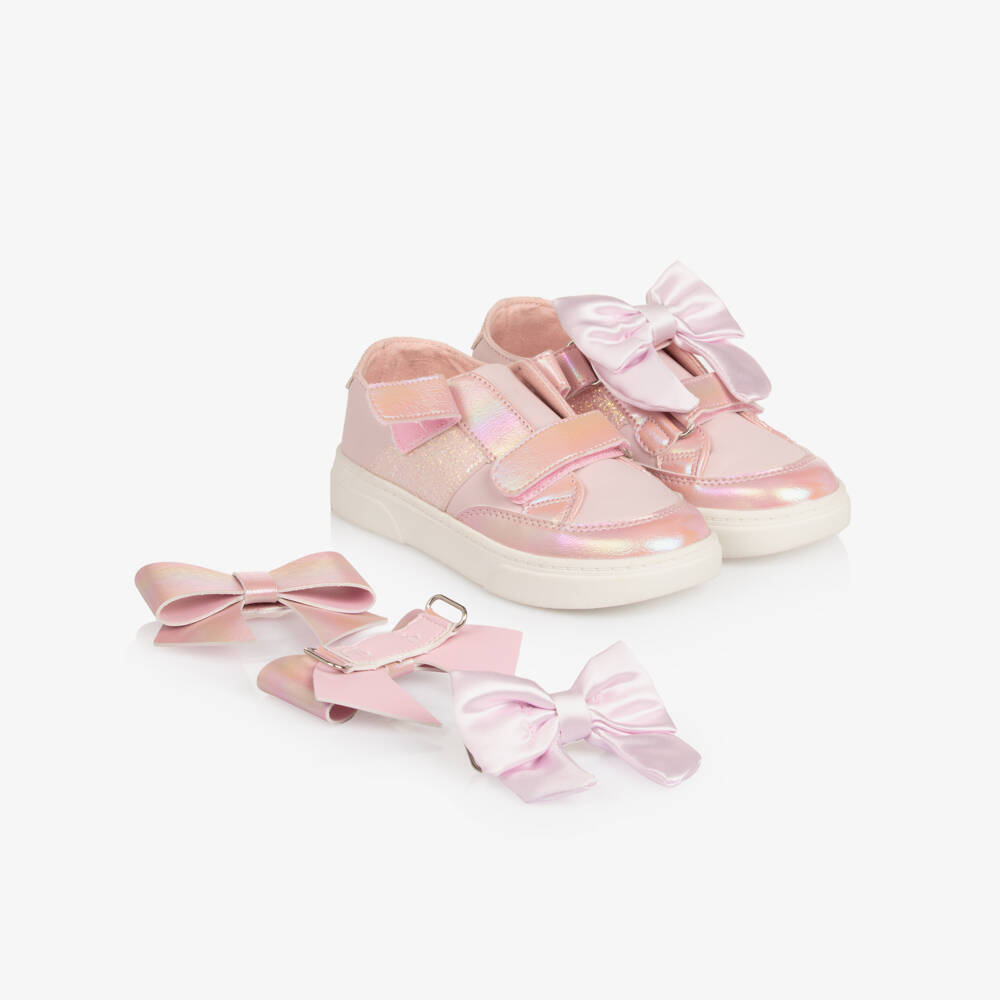 Caramelo Kids-Girls Pink Faux Leather Bow Trainers | Childrensalon