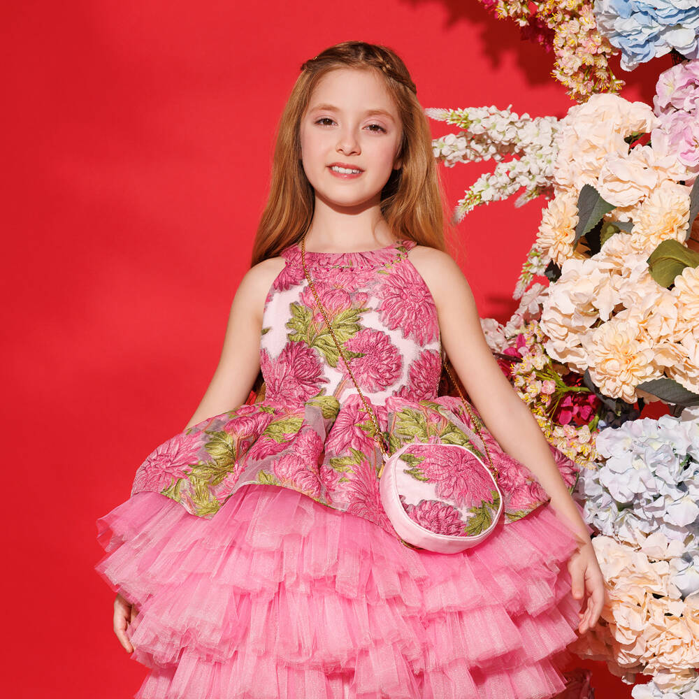Caramelo Kids-Girls Pink Floral Jacquard Georgette & Tulle Dress & Bag Set | Childrensalon