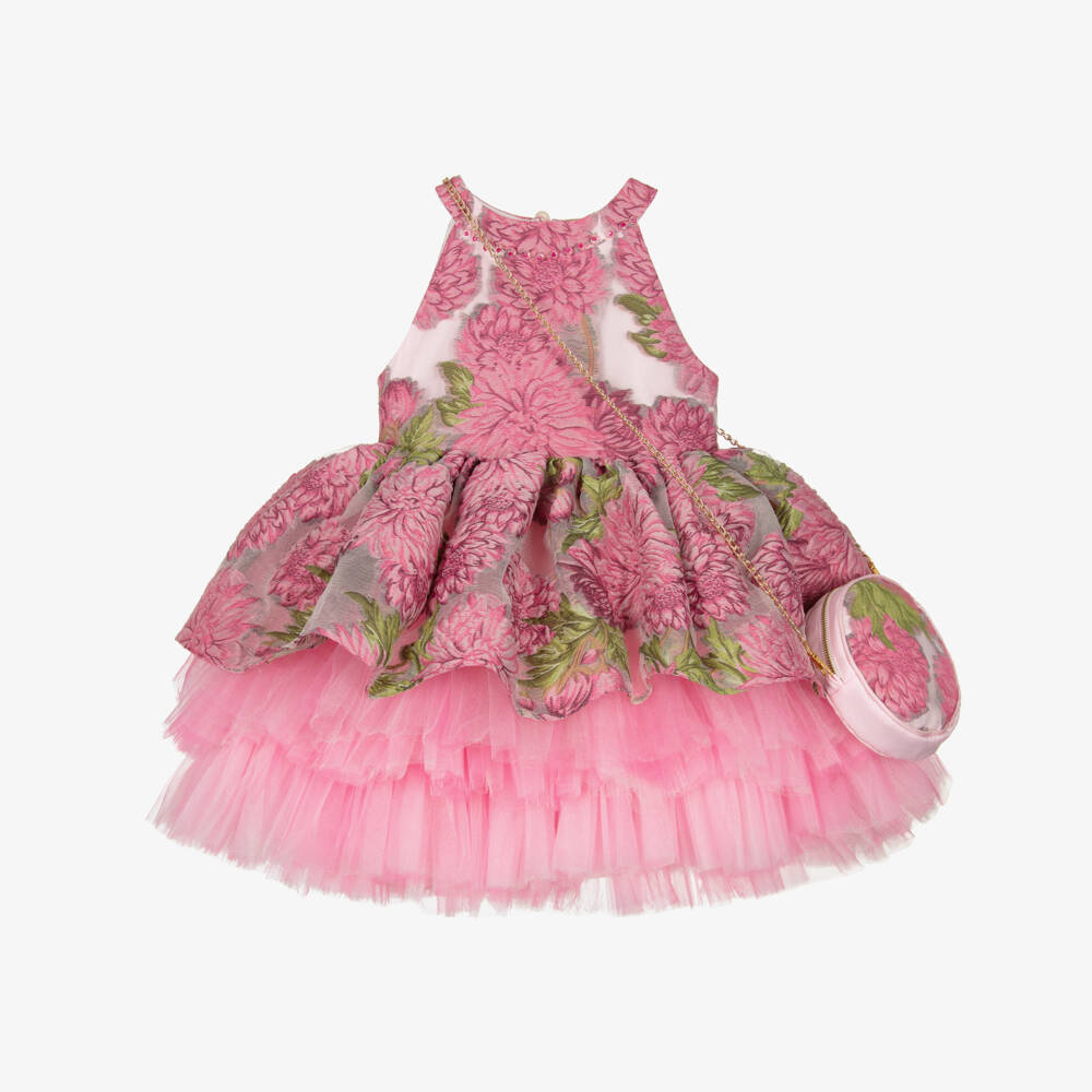 Caramelo Kids-Girls Pink Floral Jacquard Georgette & Tulle Dress & Bag Set | Childrensalon