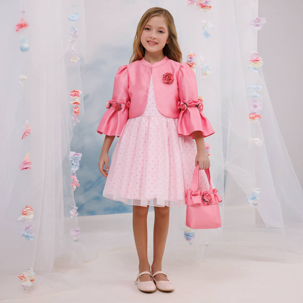 Caramelo Kids-Girls Pink Georgette & Satin Dress Set with Rose Bud Detailing | Childrensalon