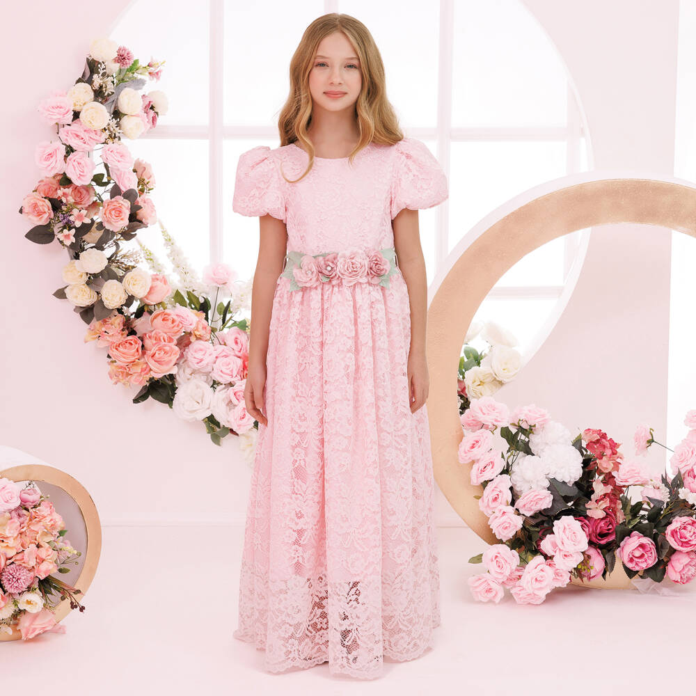 Caramelo Kids-Girls Pink Guipure Lace Maxi Dress Set | Childrensalon