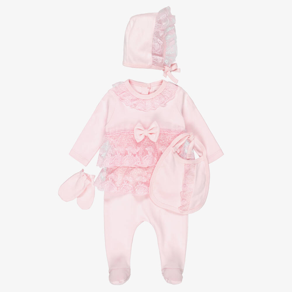 Caramelo Kids-Girls Pink Jersey Two-Piece Babygrow Set with Lace Trim | Childrensalon