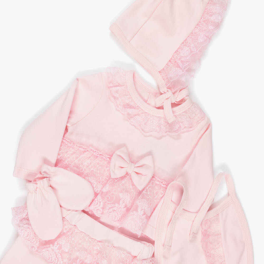 Caramelo Kids-Girls Pink Jersey Two-Piece Babygrow Set with Lace Trim | Childrensalon