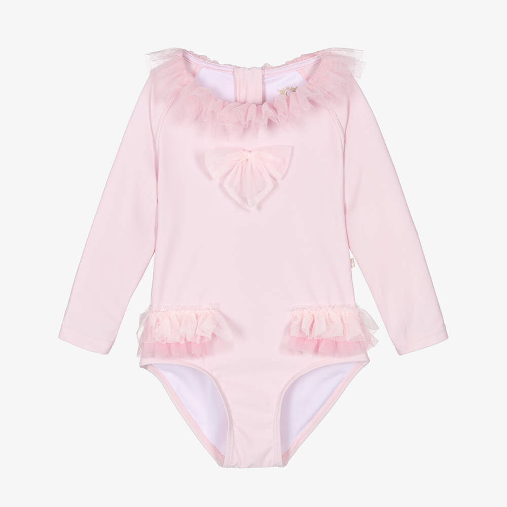 Caramelo Kids-Girls Pink Ruffle Long Sleeve Swimsuit  | Childrensalon