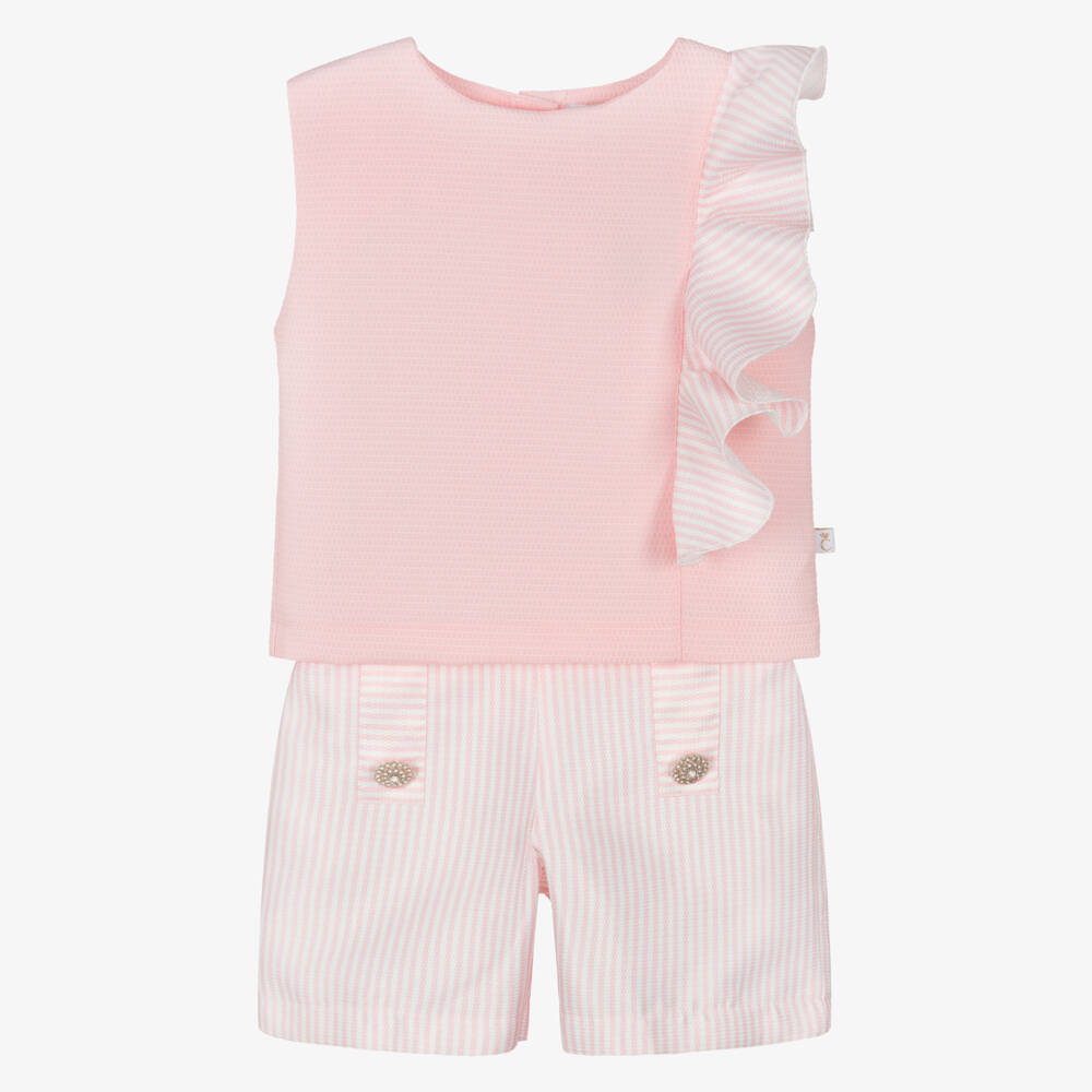 Caramelo Kids-Girls Pink Striped Shorts Set with Jewelled Buttons | Childrensalon